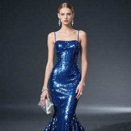 Royal Blue Sequined Mermaid Gown with Spaghetti Straps - Sparkling Evening Dress