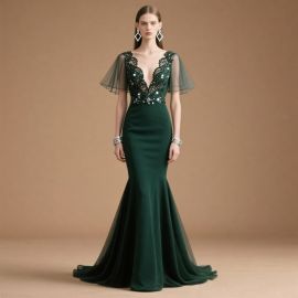 Emerald Green Mermaid Gown: Lace Sequins & Chiffon Sleeves Evening Dress