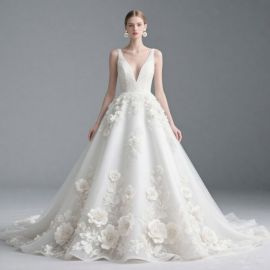 Elegant Deep V - Neck Wedding Dress with 3D Floral Embroidery & Train