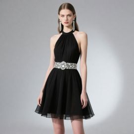 Elegant Black Halter Neck Short Dress with Rhinestone Waistband for Evening Events