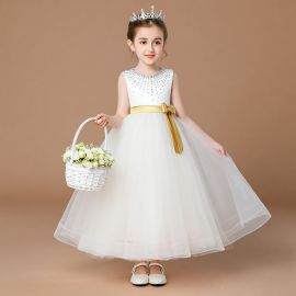 Elegant Girls White Tulle Dress with Rhinestone Neckline & Gold Sash - Perfect for Weddings & Parties