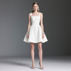 Elegant White Sleeveless Square-Neck A-Line Dress for Women
