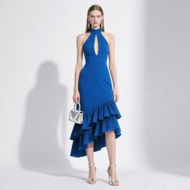 Royal Blue Halter Neck Asymmetric Ruffle Midi Dress - Chic Evening Party Gown