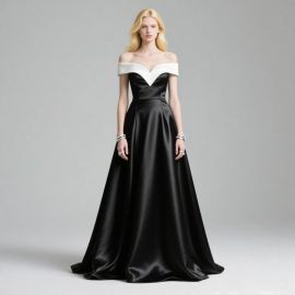Elegant Off - Shoulder Black Satin Gown with White V - Neck Detail