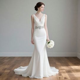 Elegant V-Neck Mermaid Wedding Dress with Crystal Waistband - Simple White Bridal Gown