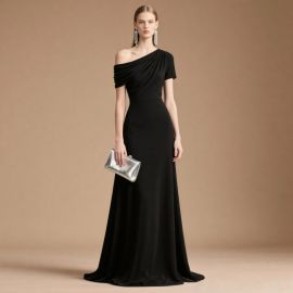 Elegant One - Shoulder Black Evening Gown, Ruched Detail Slim Fit Long Dress for Formal Occasions