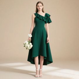 Emerald Green One - Shoulder Ruffled High - Low Hem Elegant Midi Dress