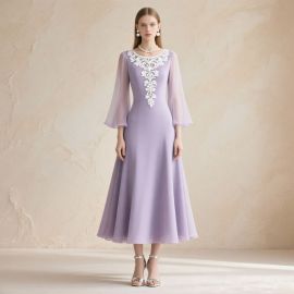 Elegant Lavender Midi Dress: Lace Embroidery & Sheer Bell Sleeves