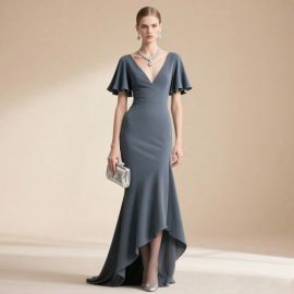 Elegant V-Neck Flounce Sleeve Asymmetric Hem Evening Gown in Grey