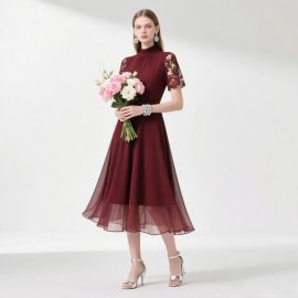 Elegant Burgundy Lace Dress: High Neck & Flowy Midi Skirt for Formal Occasions