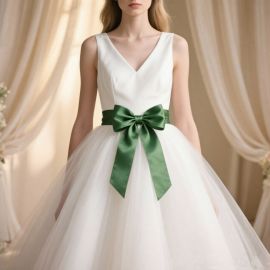 Elegant White Sleeveless V-Neck Wedding Dress with Green Bow Sash & Tulle Skirt