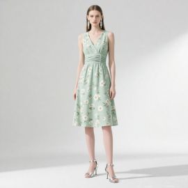 Mint Green Floral Sleeveless V - Neck Waist - Cinching Midi Dress