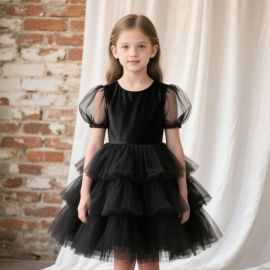 Elegant Black Tulle Dress for Girls - Puff Sleeves & Tiered Skirt Design