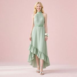 Sage Green High - Neck Asymmetric Ruffle Hem Maxi Dress
