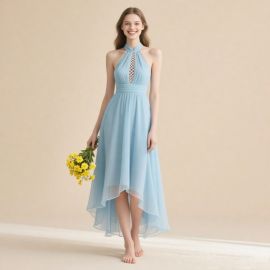 Light Blue Halter Neck Lace Cutout High-Low Chiffon Bridesmaid Dress - Elegant Party Gown