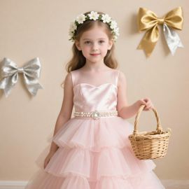 Pink Tulle Flower Girl Dress with Satin Bodice & Pearl Belt - Wedding Party Gown