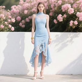 Light Blue Lace High-Neck Sleeveless High-Low Hem Midi Dress - Elegant Summer Party Wear