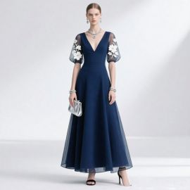 Elegant Navy Blue Long Gown with V - Neck & Floral Embroidered Puff Sleeves
