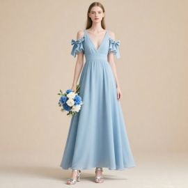 Elegant Light Blue Off - Shoulder Maxi Dress with Bow Details