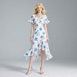 Chic White & Blue Floral High - Low Hem Dress with Ruffled Sleeves