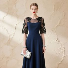 Elegant Navy Blue Lace Midi Dress with Sheer Sleeves - Perfect for Formal Occasions