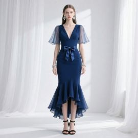 Navy Blue Mermaid Dress: V-Neck Sheer Sleeves Bow Waist High-Low Hem Dress
