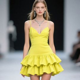 Bright Yellow Spaghetti Strap Ruffled Hem Mini Dress for Women