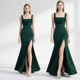 Emerald Green Wide - Strap Cowl Neck High Slit Evening Gown