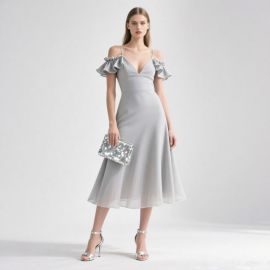 Elegant Light Gray Off - Shoulder Ruffled Midi Dress