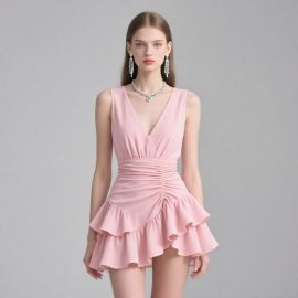 Pink Sleeveless Ruffled Romper - Deep V Neck & Cinched Waist for Chic Look