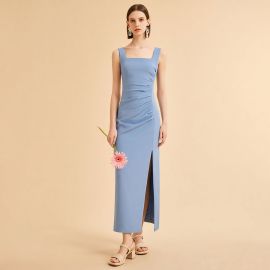 Elegant Blue Square Neck Sleeveless Maxi Dress with Side Slit & Ruched Waist Design