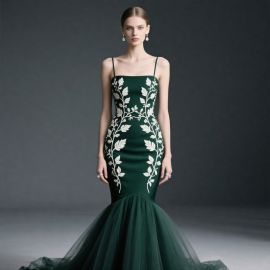 Emerald Green Mermaid Gown: Floral Embroidered Spaghetti Strap Evening Dress