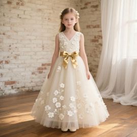 Elegant Girls Flower Embroidered Gown with Gold Bow - Tulle Party Wedding Dress