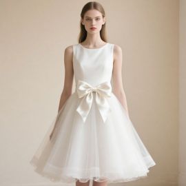 Chic White Sleeveless Dress: Big Bow & Tulle Skirt for Elegant Occasions