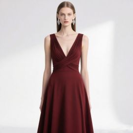 Elegant Burgundy Deep V Cross - Over Midi Dress for Formal Occasions