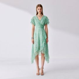 Green Floral Print Asymmetric Hem Dress with Ruffled Sleeves