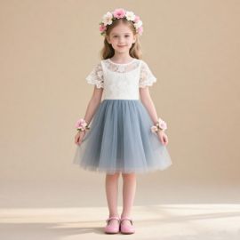 Charming Girls' White Lace & Gray Tulle Short - Sleeve Dress for Special Occasions