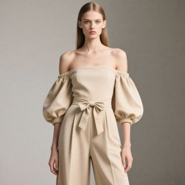 Chic Beige Off - Shoulder Jumpsuit with Puff Sleeves & Bow Belt