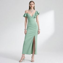 Elegant Mint Green Off - Shoulder Ruffle Slit Maxi Evening Dress for Women