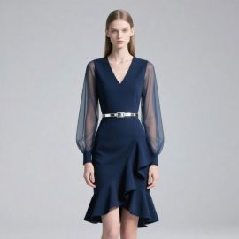 Elegant Navy Blue V-Neck Dress: Sheer Long Sleeves, Metal Belt & Asymmetrical Ruffle Hem