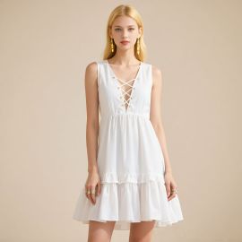 White Sleeveless Dress with Lace - Up Front & Tiered Skirt for Summer Look