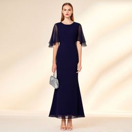 Navy Blue Chiffon Sleeve Maxi Dress - Elegant Formal Evening Gown