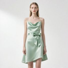 Mint Green Satin Spaghetti Strap Dress with Bow Belt & Asymmetric Hem - Elegant Summer Style