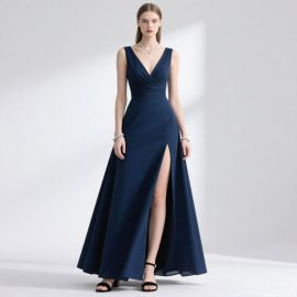 Elegant Navy Blue V - Neck High Slit Evening Gown for Formal Occasions