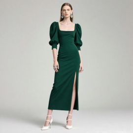 Elegant Emerald Green Puff Sleeve Square Neck Slit Midi Dress