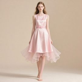 Elegant Pink Sleeveless Dress: Satin Bodice, Tulle Skirt & Chic Belt Detail