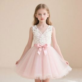 Girls' Pink Lace Tulle Dress with Bow - Princess Style for Party & Wedding