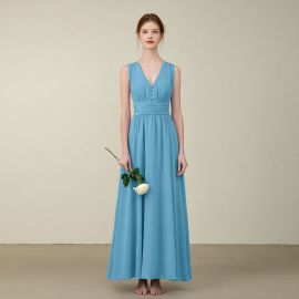 Elegant Light Blue V - Neck Sleeveless Maxi Dress with Cinched Waist