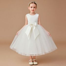 Elegant White Flower Girl Dress with Big Bow & Tulle Skirt for Weddings/Parties