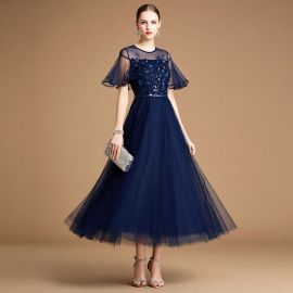 Navy Blue Embroidered Tulle Midi Dress with Flutter Sleeves - Elegant Formal Wear